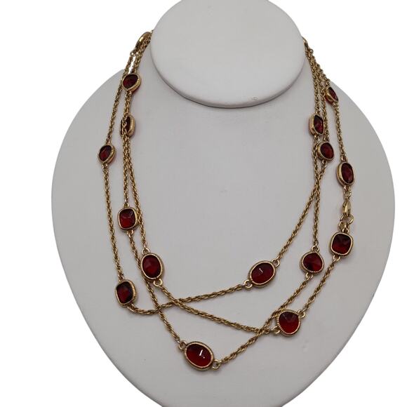 Monet Red Rhinestone Long Necklace, 54", Gold Tone Rope Chain - Picture 4 of 10